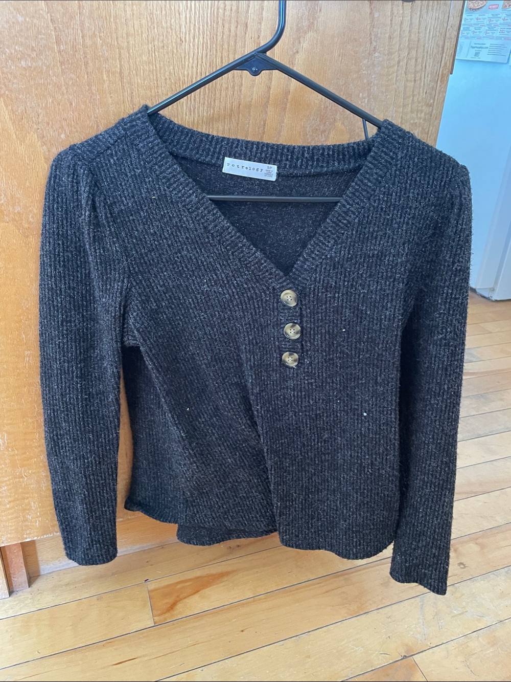 Anthropologie Ribbed V-Neck Button Sweater - Black